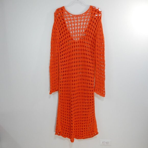 FREE PEOPLE Beach Sahara Sweater Midi Cover up DRESS M L Orange Scarlet Ibis NEW - Picture 3 of 8